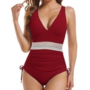 Trajes de baño de una pieza para mujer, con control de abdomen, bloque de color, cordón y cuello en V, adelgazante, Rojo