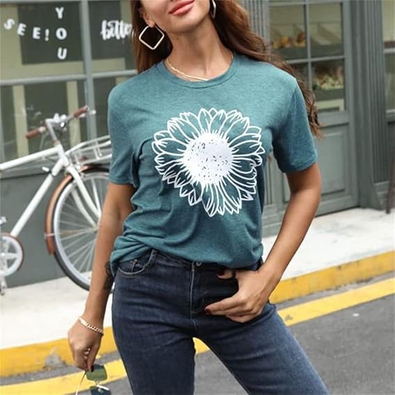 Camiseta de verano con estampado de girasoles para mujer, con estampado de flores, cuello redondo, manga corta, casual, tops casuales, Verde