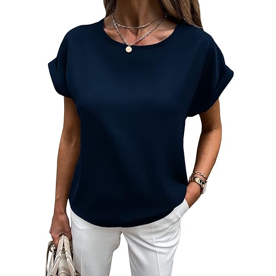 Blusas de gasa de manga corta con cuello redondo para mujer, con abertura en la espalda, para negocios, casual, marino