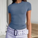 Camiseta corta para mujer, estilo casual, básica, ajustada, manga corta, cuello redondo, ajustada, Azul Niebla