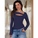 Camisetas de manga larga sexy para mujer, acanaladas, ajustadas, para otoño, para salir, azul marino - Talla L