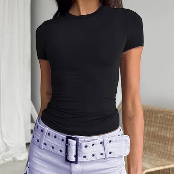 Camiseta corta para mujer, estilo casual, básica, ajustada, manga corta, cuello redondo, ajustada, Negro -