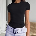 Camiseta corta para mujer, estilo casual, básica, ajustada, manga corta, cuello redondo, ajustada, Negro -