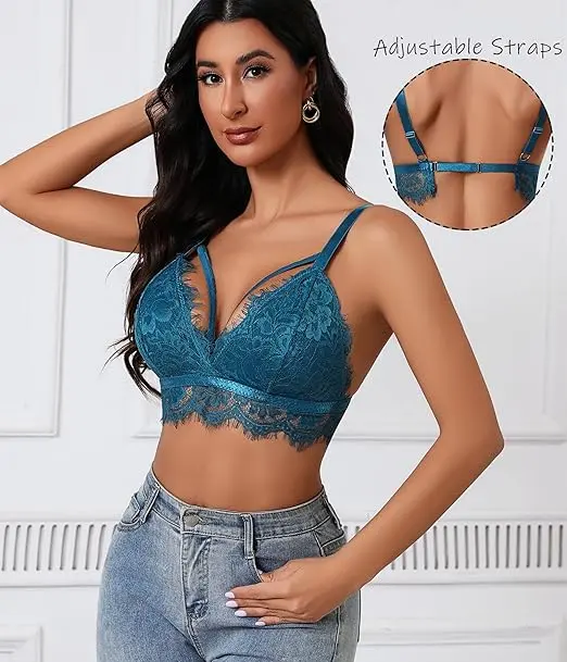 Bralette de encaje sexy para mujer, con cuello en V, lencería y ajustable