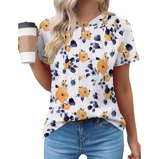 [B0DK6JQDZZ] Camiseta de manga corta para mujer, estilo casual, de verano, plisada, cuello redondo, Estampado De Flores Amarillas