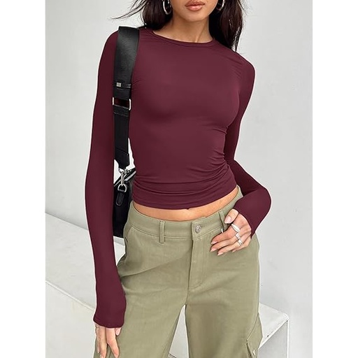 [B0DJT8Z62C] Camisas de manga larga para mujer, básicas, ombligueras, ajustadas, lindas prendas de otoño Y2K, Rojo vino