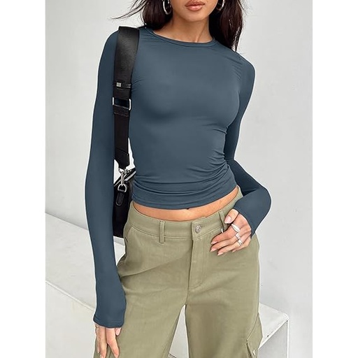[B0DJT7V22D] Camisas de manga larga para mujer, básicas, ombligueras, ajustadas, Azul Niebla - Talla L