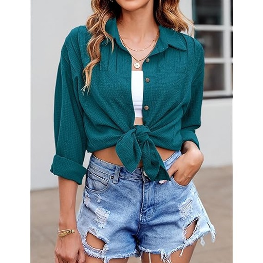 [B0DJZYK6Z2] Camisas con botones para mujer, estilo casual, plisadas, de manga larga, con textura, ajuste holgado, con cuello, Color Esmeralda - Talla L