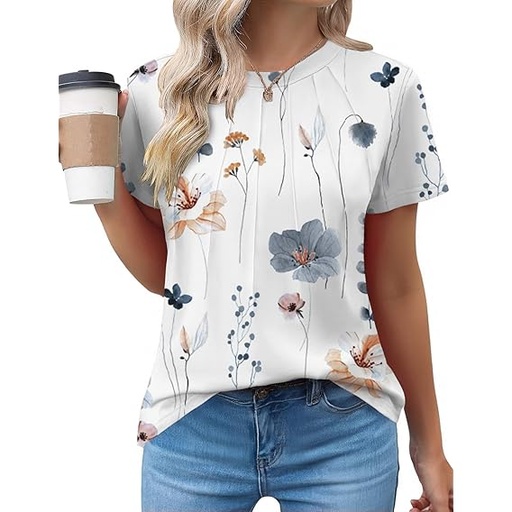 [B0DK6GMW64] Camiseta de manga corta para mujer, estilo casual, de verano, plisada, cuello redondo, Floral Blanco