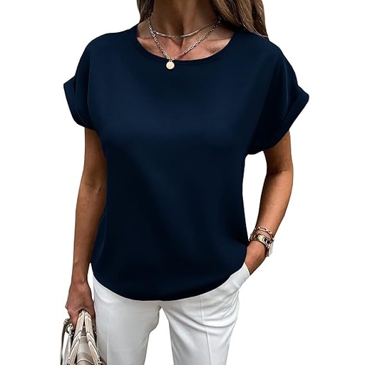 [B0DKJV1WV9] Blusas de gasa de manga corta con cuello redondo para mujer, con abertura en la espalda, para negocios, casual, marino