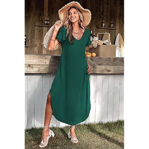 [B0DJRFJ1M3] Camisones para mujer, cuello en V, manga corta, suave, ropa de dormir con bolsillos laterales divididos, camisón largo, verde oscuro