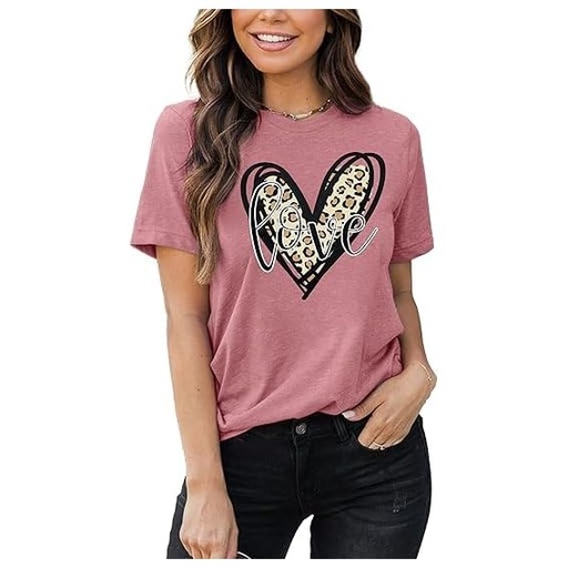 [B0DJR52RQZ] Camiseta de manga corta con estampado de corazón de leopardo para mujer, con texto en inglés "Love", Rosado