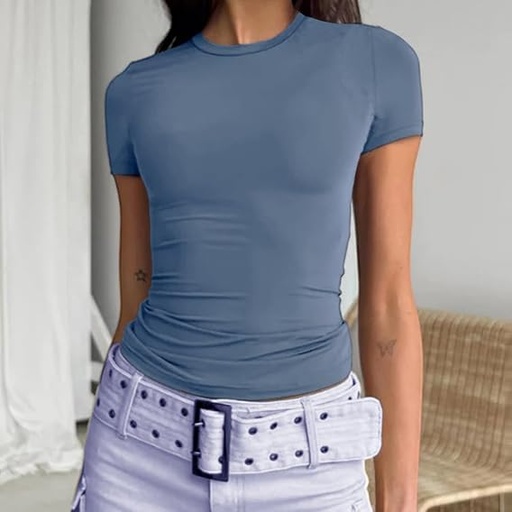 [B0DHXJKMJB] Camiseta corta para mujer, estilo casual, básica, ajustada, manga corta, cuello redondo, ajustada, Azul Niebla