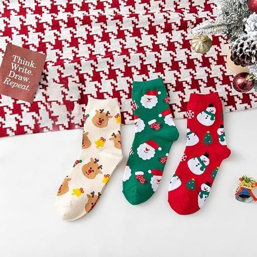 [B0DMM4N4HB] Calcetines de media pantorrilla con temática navideña, diseño de Papá Noel de dibujos animados, muñeco de nieve, pan de jengibre para mujer, talla única de EE. UU. 5-10, 3 juegos sin caja