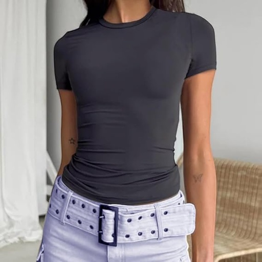 [B0DHXZPXK7] Camiseta corta para mujer, estilo casual, básica, ajustada, manga corta, cuello redondo, ajustada, Gris oscuro
