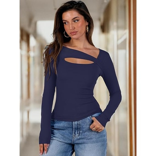 [B0DHZCDNPB] Camisetas de manga larga sexy para mujer, acanaladas, ajustadas, para otoño, para salir, azul marino - Talla L