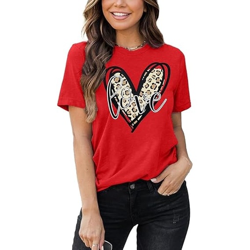 [B0DJR5KB6W] Camiseta de manga corta con estampado de corazón de leopardo para mujer, con texto en inglés "Love", Rojo -