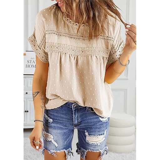 [B0DK536P38] Blusas de verano para mujer, cuello redondo, encaje de ganchillo, manga corta, estilo casual, holgadas, bohemias, Albaricoque