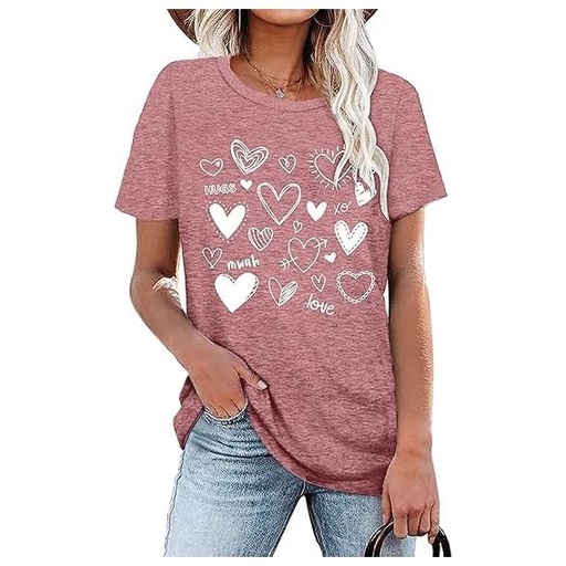 [B0DJRFFWZV] Camiseta para el día de San Valentín para mujer, lindas camisetas de corazón con estampado gráfico de San Valentín, camiseta casual con corazones, Rosado
