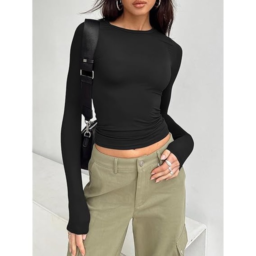 [B0DJSQGZSZ] Camisas de manga larga para mujer, básicas, ombligueras, ajustadas, lindas prendas de otoño Y2K