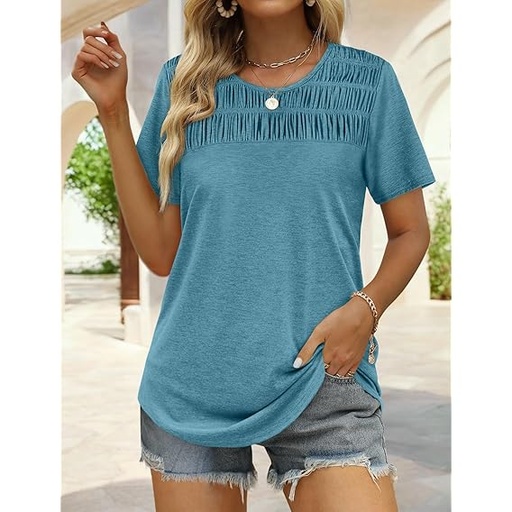 [B0DK71RFVL] Camisetas de verano para mujer, camisetas de manga corta de moda con cuello redondo fruncido, Gris Verde