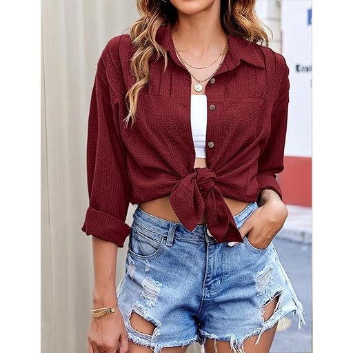 [B0DJZX5D9N] Camisas con botones para mujer, estilo casual, plisadas, de manga larga, con textura, ajuste holgado, con cuello- Rojo vino - Talla L