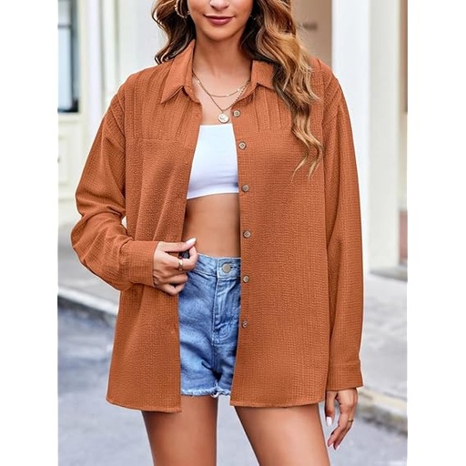 [B0DJZXGQL3] Camisas con botones para mujer, estilo casual, plisadas, de manga larga, con textura, ajuste holgado, con cuello, Caramelo - Talla M