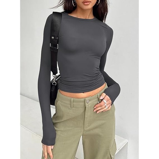 [B0DJT8QLH8] Camisas de manga larga para mujer, básicas, ombligueras, ajustadas, lindas prendas de otoño Y2K, Gris